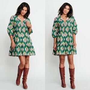 PInk Chicken Indira mini Dress Hunter Green Flower Sz Small boho peasant prairie